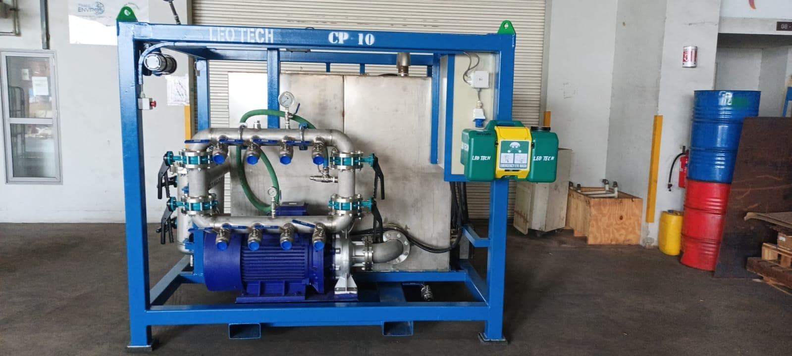 Leo Tech chemical cleaning pump skid inside a workshop